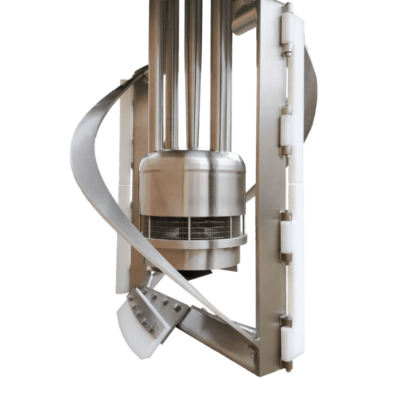 immersion mill head with helical blade, wall scrapers, and sweep